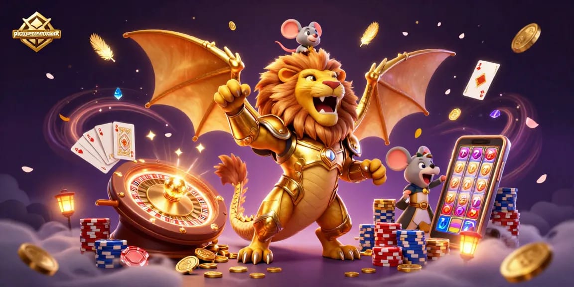 Pemain slot picturesrembrandt menikmati permainan dengan mesin slot dan tumpukan koin emas yang mengalir.