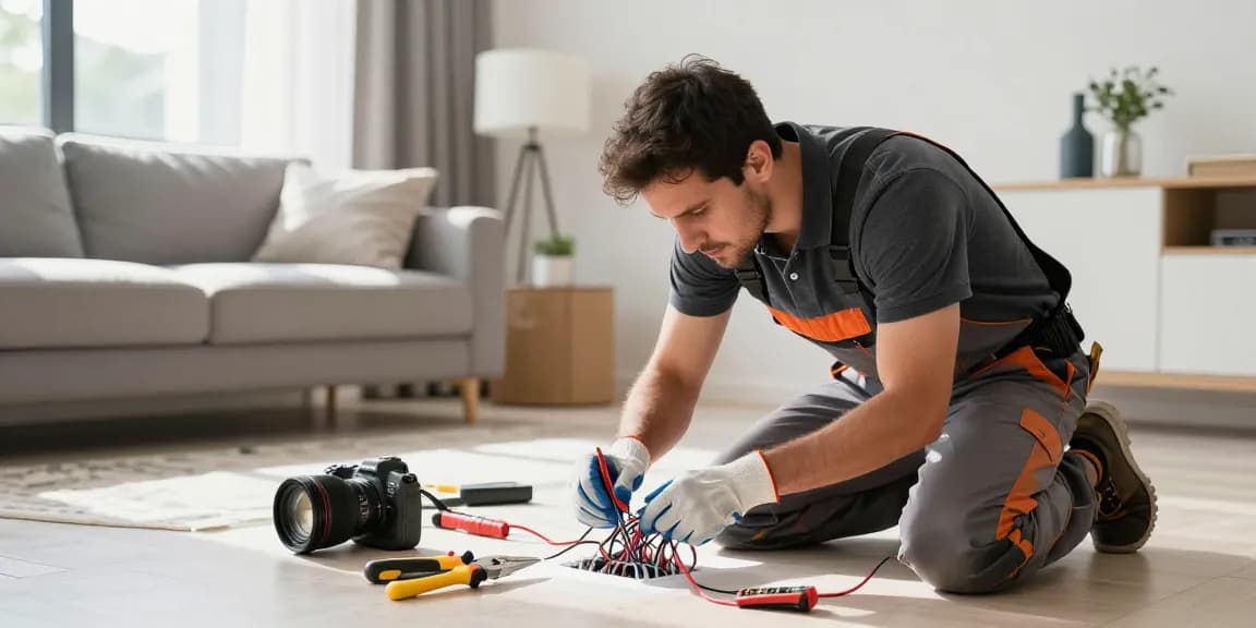 Domestic electrician performing crucial electrical work to ensure safety at home; see more details regarding modern home safety.