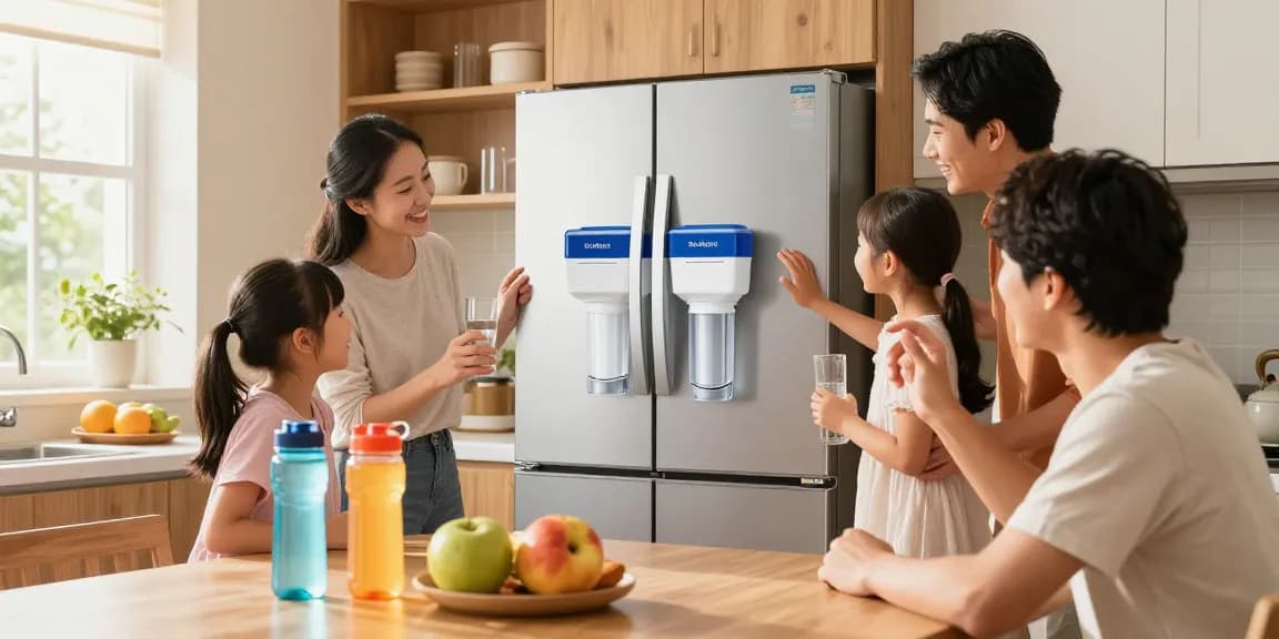 EcoAqua EFF-6011A Refrigerator Water Filter showcased in a bright kitchen, highlighting family health and fresh water.