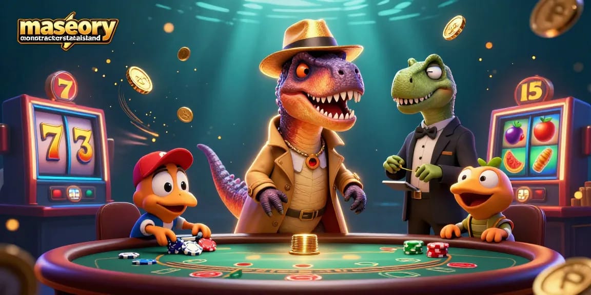Play slots at masonrycontractorstatenisland with a cartoon velociraptor and casino elements in vibrant action