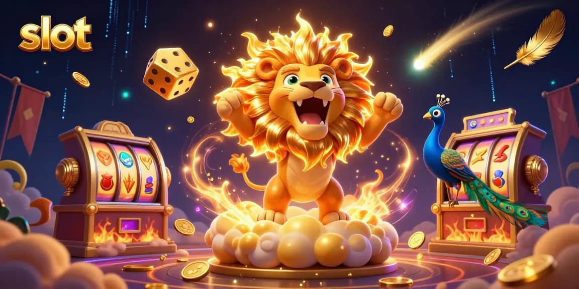Experience thrilling slot games with the roaring sun lion amidst vibrant casino elements.