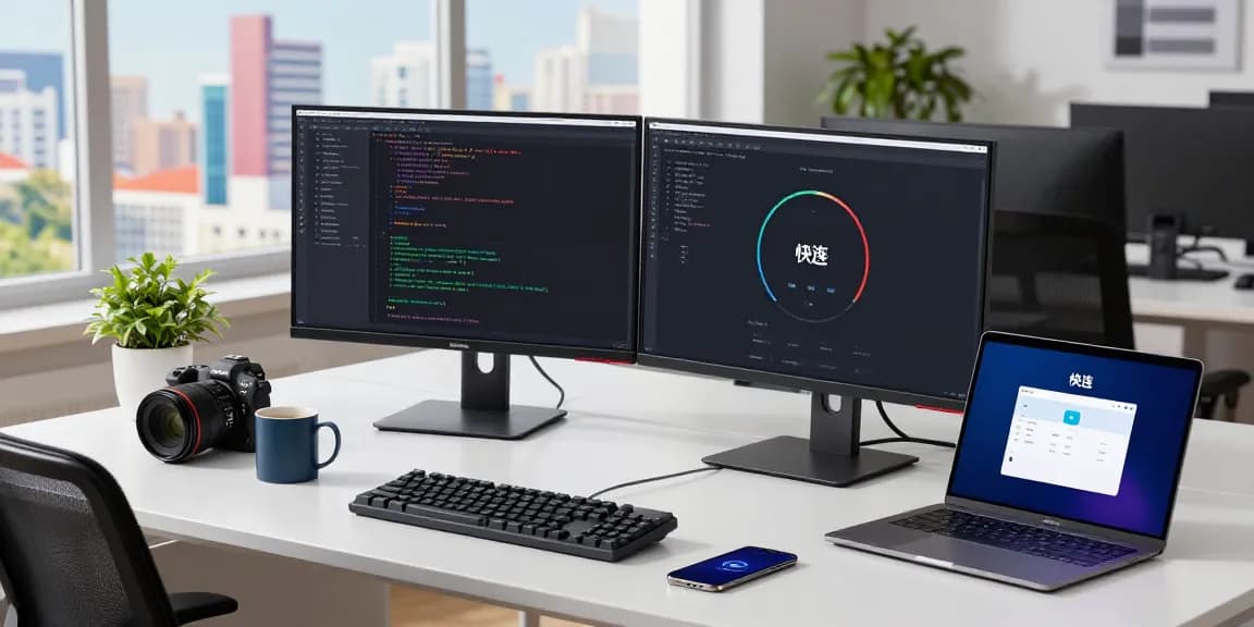 快连 app interface on laptop in a tech workspace, showcasing network speed tests.