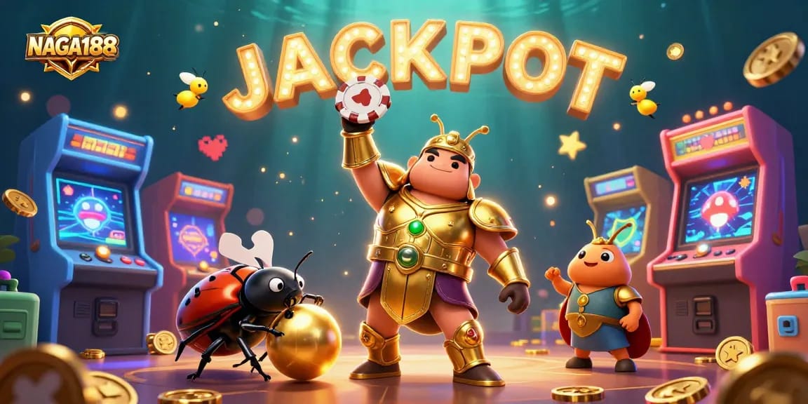 NAGA188 menghadirkan gambar menarik dalam suasana kasino yang meriah dengan simbol jackpot menyala.