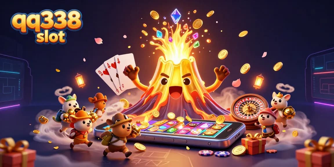 Explore engaging games with qq338 slot, featuring erupting treasure and vibrant casino elements.