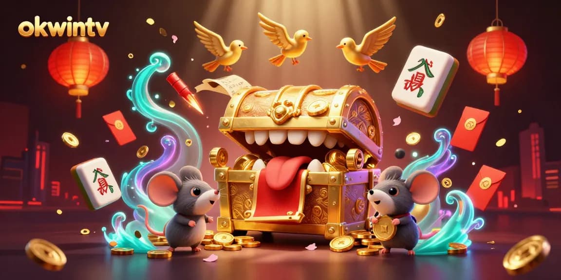Engage with okwintv as adventurer mice approach a treasure chest, showcasing rich casino elements.