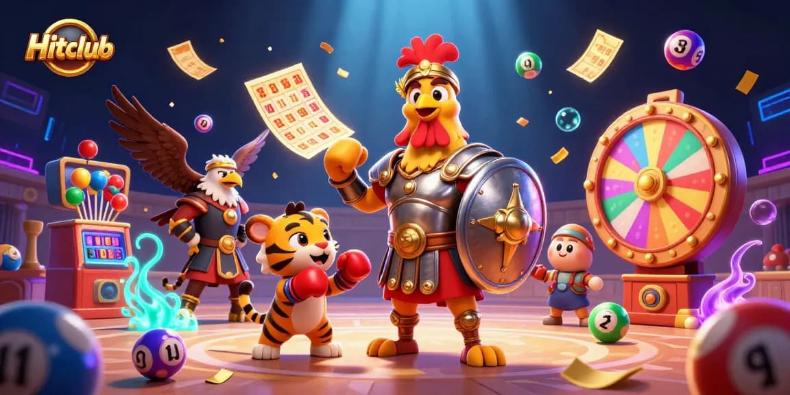 Hitclub brings excitement with a vibrant scene of a gladiator rooster, sparring tiger cub, and eagle amidst a festive atmosphere.