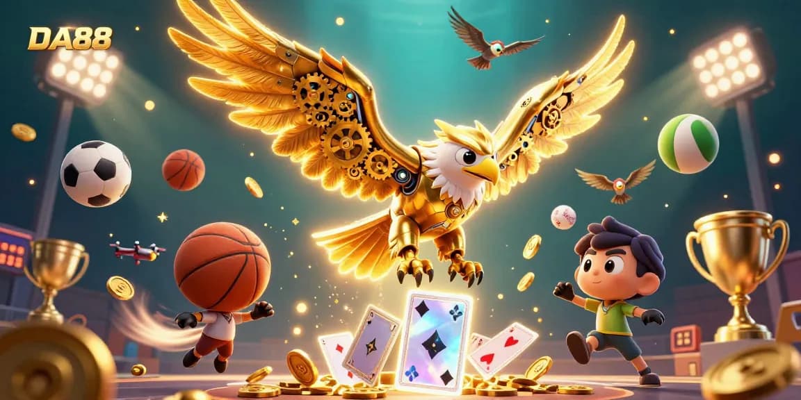 DA88 showcases an energetic scene with a golden eagle and sports elements, emphasizing online gaming excitement.