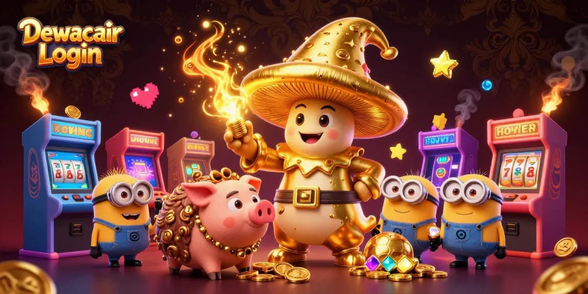 Dewacair Login showcases a magical scene with a golden wizard, truffle pig, and treasure elements in a vibrant casino setting.
