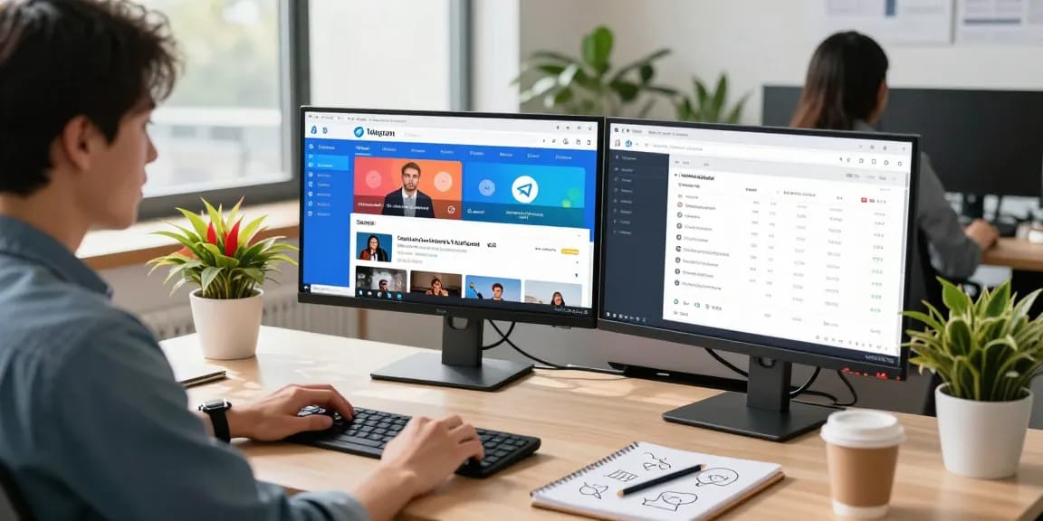 Exploring telegram china channels on dual screens in a modern office space.