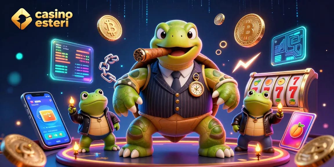 Casinò online esteri: illustrazione di una tartaruga gangster e rospi attorno a simboli delle slot e monete crypto.