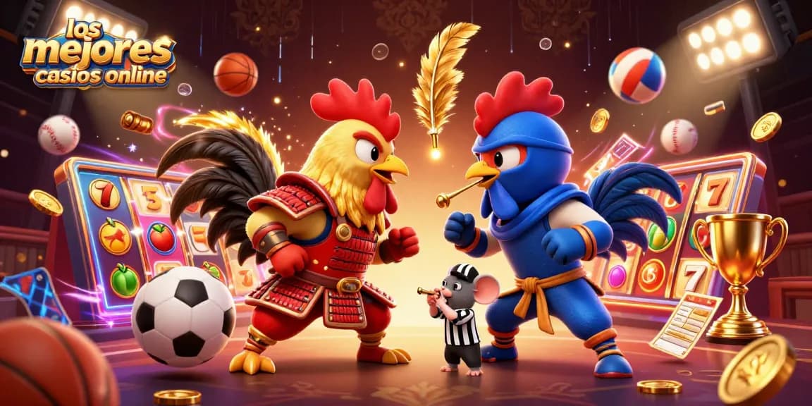 Los mejores casinos online representan una competencia apasionante entre dos gallos de pelea en una escena vibrante y dinámica.