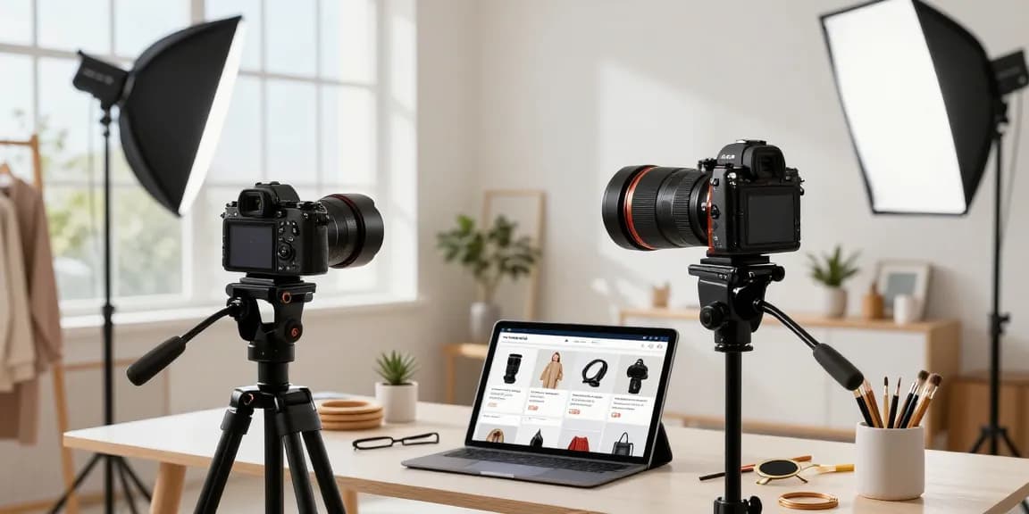 Services photographiques ecommerce pour produits en ligne avec un photographe professionnel réglant l'éclairage.