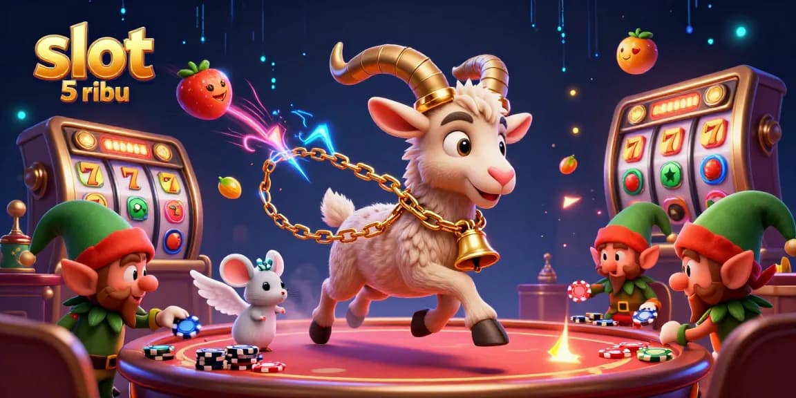 Experience thrilling action in the slot 5 ribu with festive characters and animated slot reels, creating a captivating casino scene.