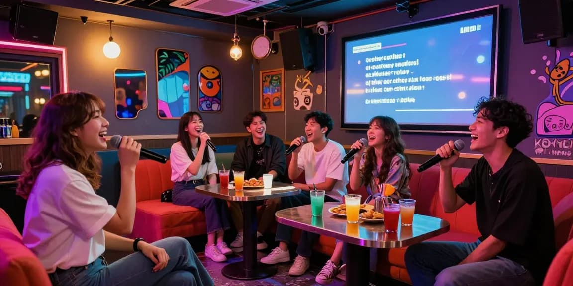 Experience 강남가라오케 with friends singing in a vibrant bar setting, showcasing lively entertainment.