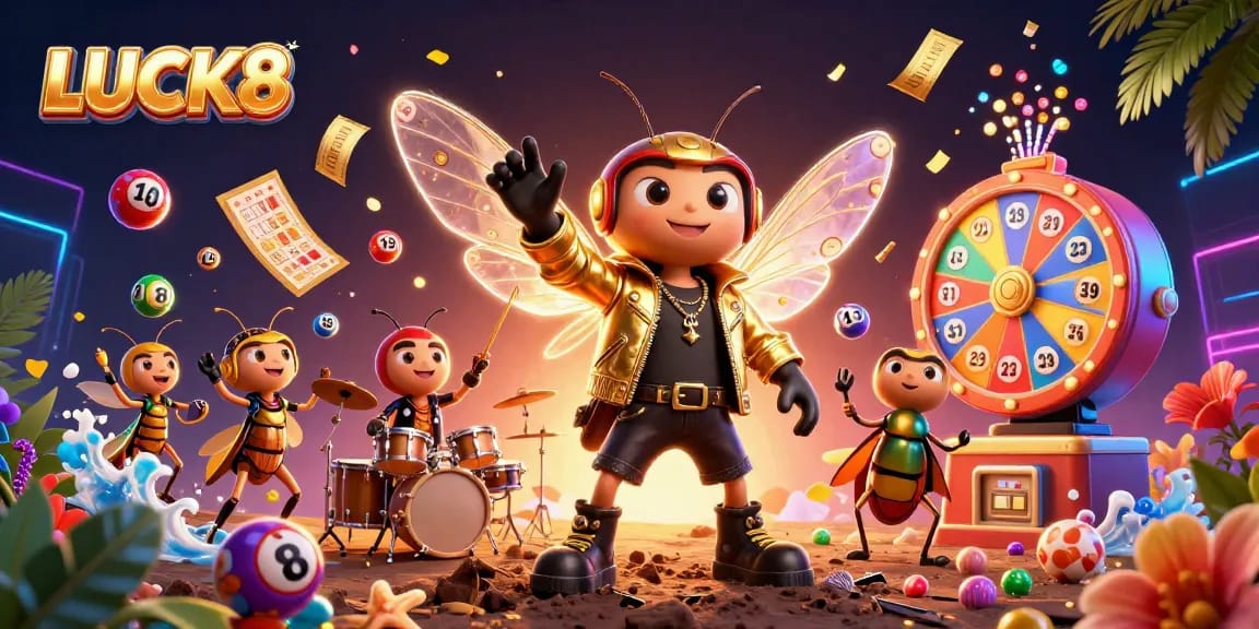 Experience the excitement of LUCK8 as vibrant lottery balls, a golden prize wheel, and energetic characters create a dynamic casino atmosphere.