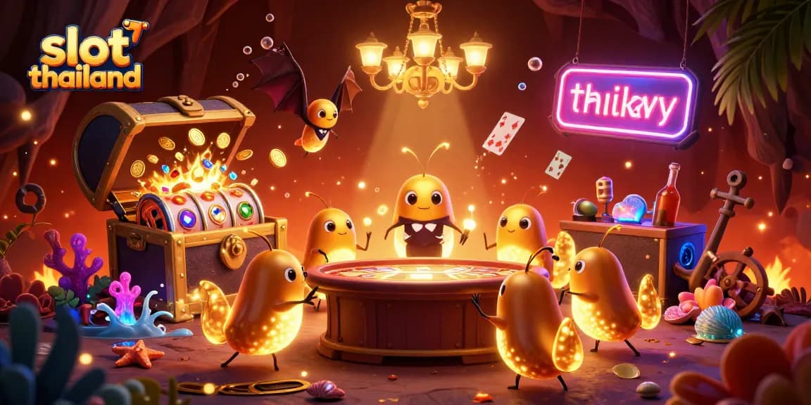 Play vibrant slot thailand with a lively cave casino illuminated by glowworms and captivating gold elements.