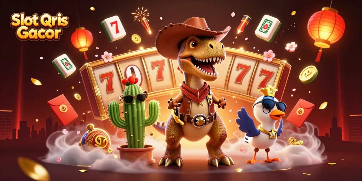 Experience the excitement of Slot Qris Gacor with a vibrant 3D illustration featuring a dinosaur and casino elements.