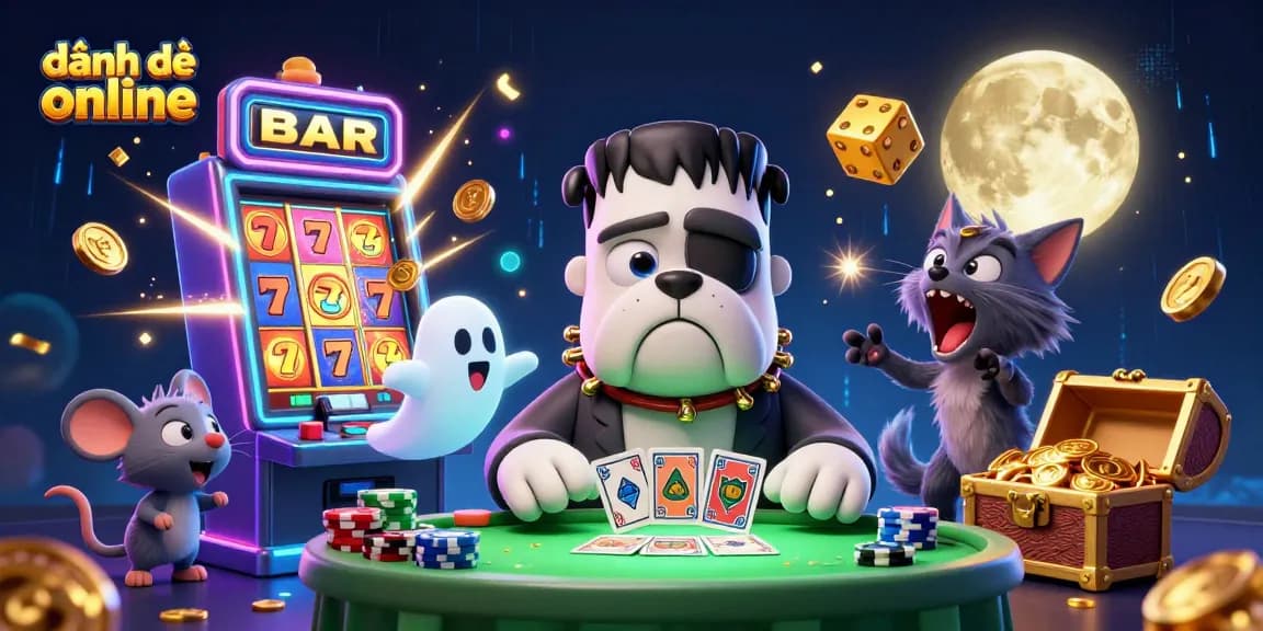 A 3D cartoon Frankenstein bulldog monster dealing cards, embodying đánh đề online with immersive casino elements.