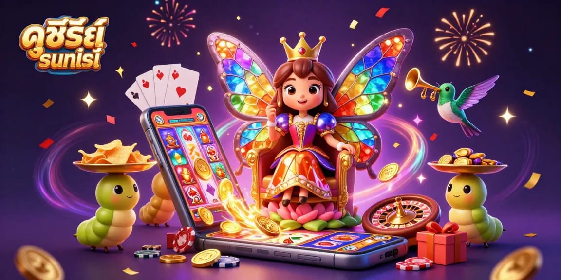 Spin colorful reels and enjoy ดูซีรี่ย์ออนไลน์ with a vibrant casino scene featuring a butterfly queen.