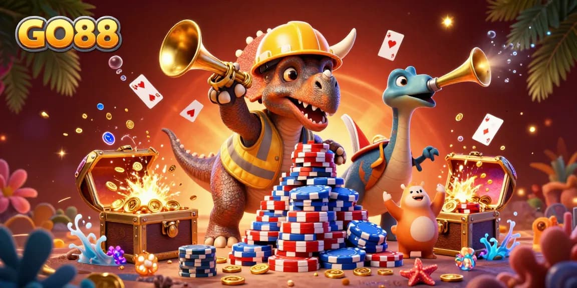 Celebrate with GO88 at this dynamic 3D casino illustration featuring a triceratops and exciting game elements.