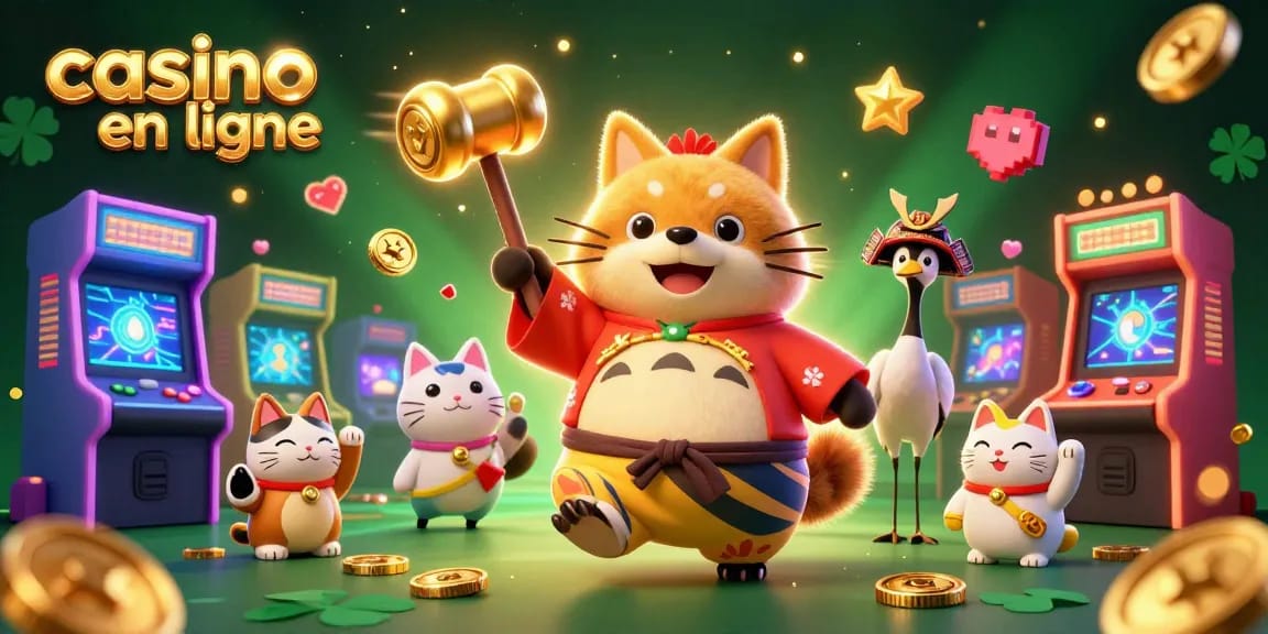 Interagissez avec le casino en ligne à travers une illustration 3D dynamique présentant des personnages festifs et des éléments de jeu.