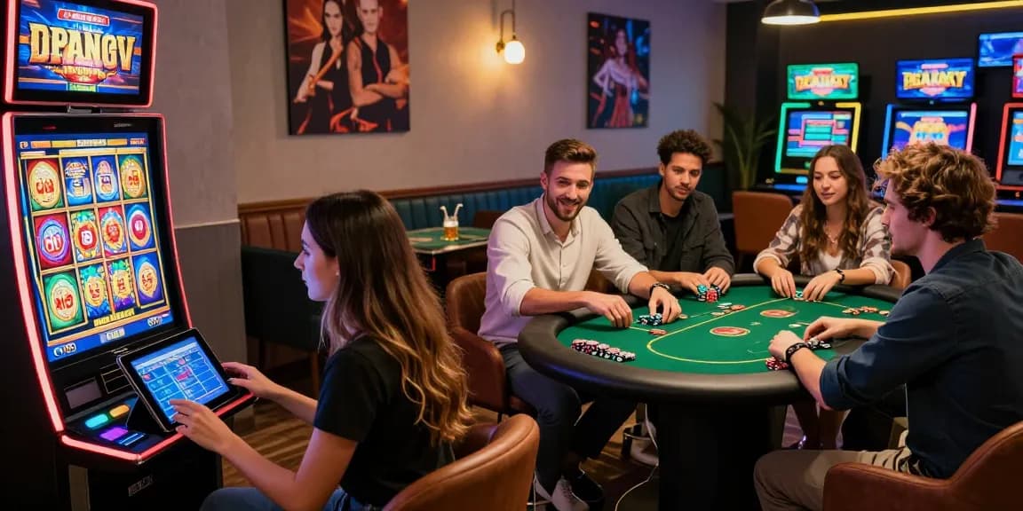 Engaging scene of players enjoying 鉅城娛樂 online casino games in a vibrant gaming lounge.