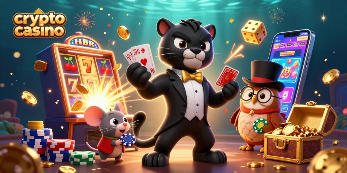 Casino crypto : un élégant panthère, hibou et souris dans une scène animée de jeu, avec des machines à sous et des jetons.