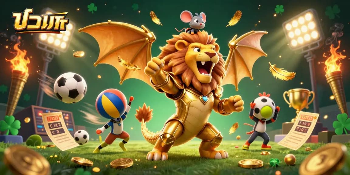 Bet on แทงบอล with an epic scene of a golden chimera and dynamic sports elements in 3D illustration.