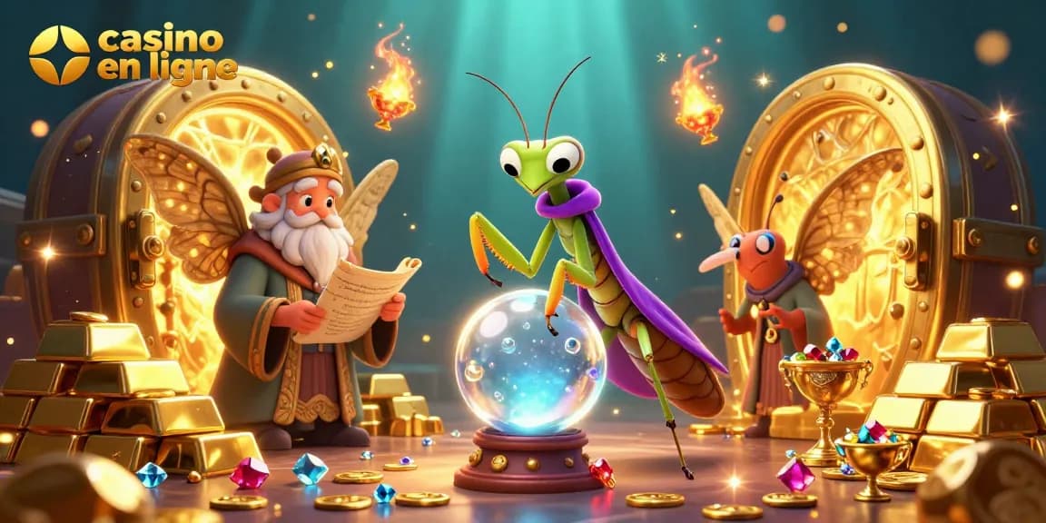 Casino en ligne avec un chasseur de fortune, des bijoux étincelants et un éclairage mystique.