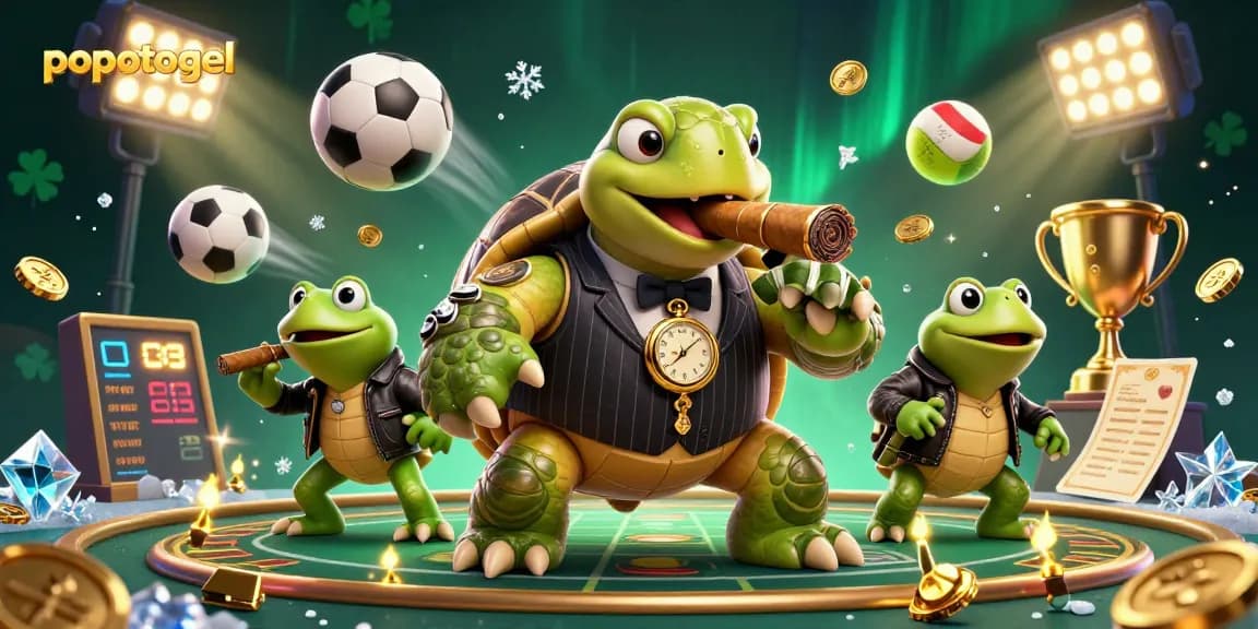 Experience popotogel's thrill with a charming turtle mobster and excited bullfrog enforcers in a dynamic casino scene.