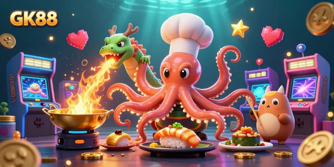 GK88 offers thrilling wins with vibrant casino elements featuring a sushi chef octopus.