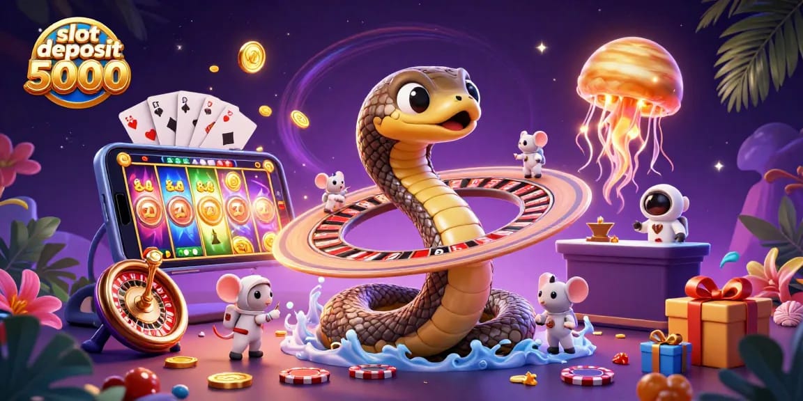 Permainan slot deposit 5000 dengan suasana luar angkasa yang dinamis dan karakter lucu seperti ular Saturnus dan astronaut.
