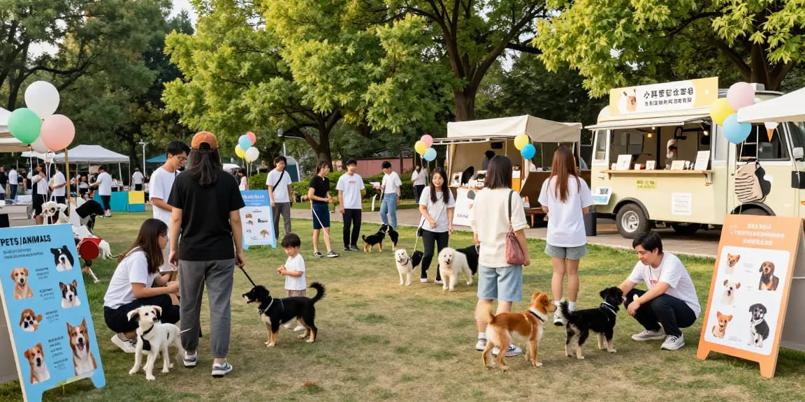 Adoption event featuring NAGA2000 dogs connecting with families in a sunny park