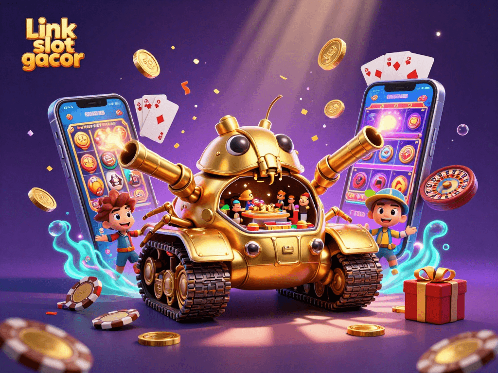 Menggali keseruan dengan link slot gacor, mesin slot berkilau dan permainan kasino mini dalam ilustrasi digital yang menarik.