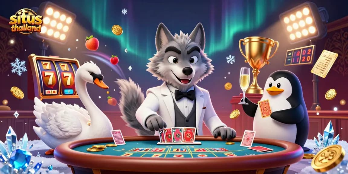 Experience the thrill at situs thailand with a vibrant casino scene showcasing a wolf dealer in action.