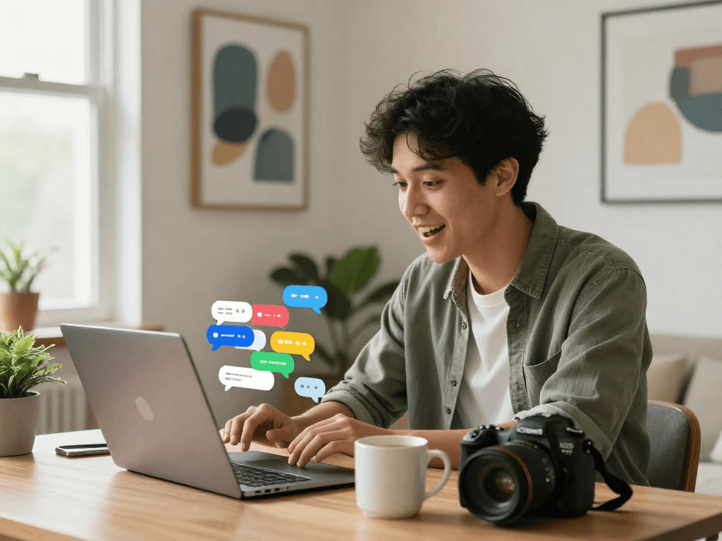 Engaging free ai sex chat scene with a user in a modern home office.