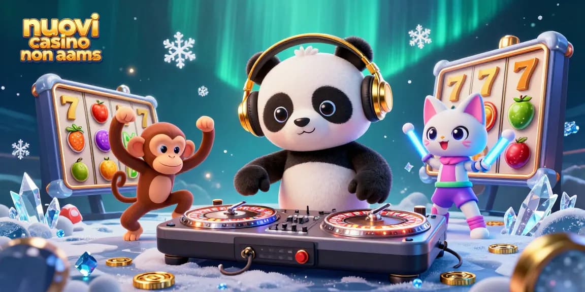 Interagisci con nuovi casino non aams in una vivace scena 3D che presenta un panda DJ, una scimmia ballerina e un gattino luminoso.