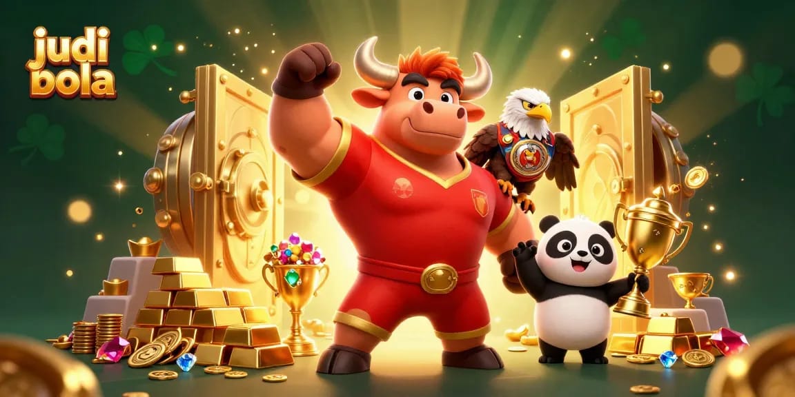 Celebrate judi bola excitement with a vibrant 3D illustration showcasing victory, trophies, and treasures.