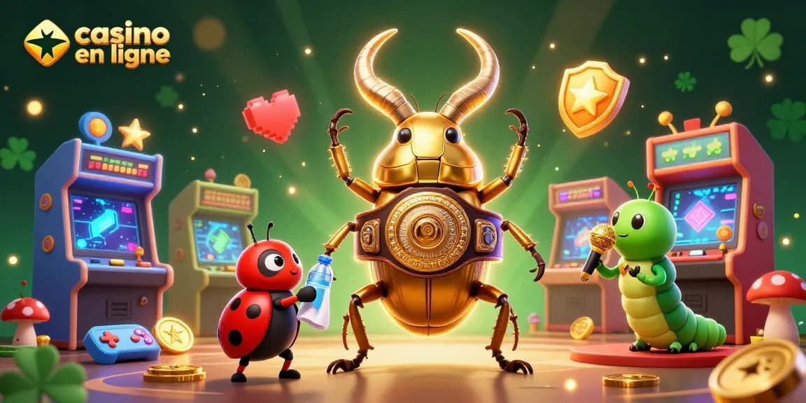 Une scène palpitante de casino en ligne avec un scarabée doré et des jeux colorés.