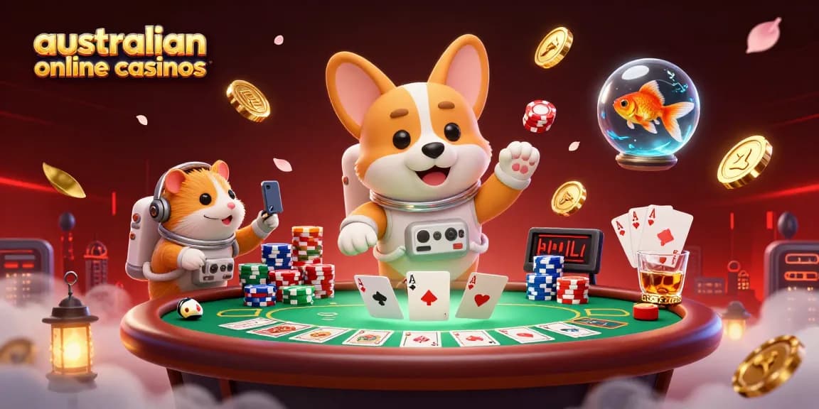 3D cartoon astronaut corgi in a space station casino showcasing australian online casinos with poker elements.