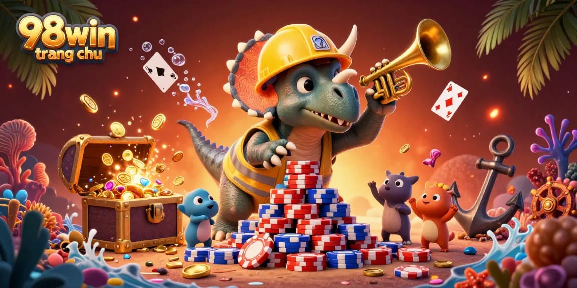 Engage in festive gaming with 98win trang chu as dinosaur characters celebrate a jackpot of poker chips amidst vibrant treasure elements.