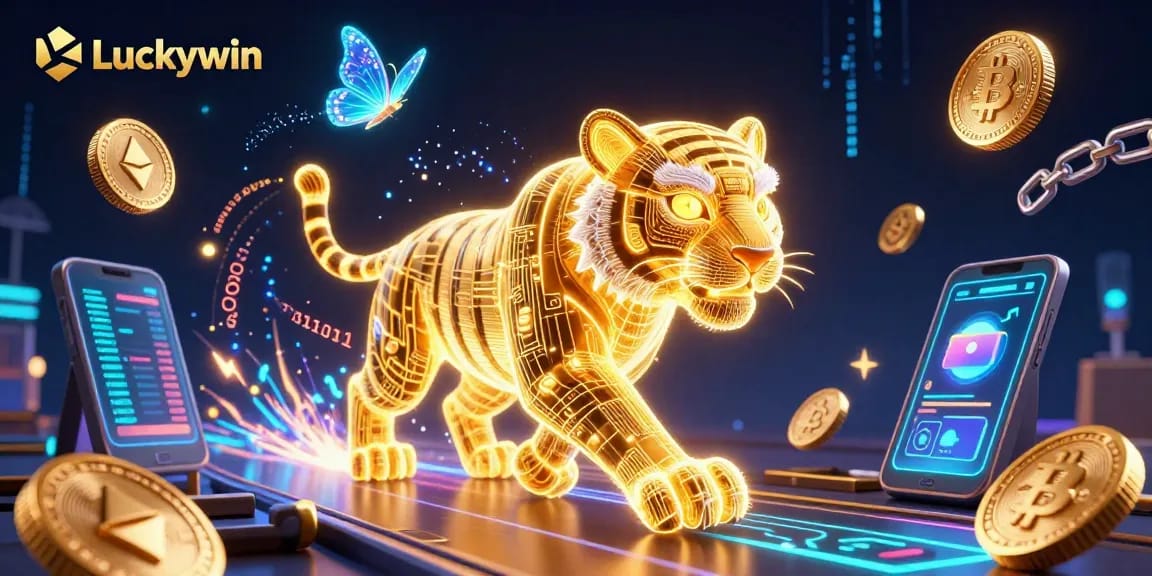 Experience the thrill of Luckywin with a neon digital casino featuring a golden tiger.