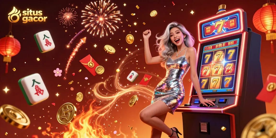 Sparkling celebration at situs gacor with a joyful woman winning on a slot machine amid gold coins and festive decorations.