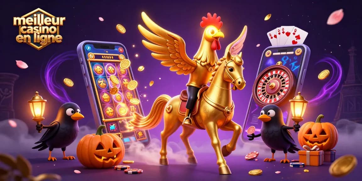 Découvrez le meilleur casino en ligne avec une illustration 3D captivante et des jeux palpitants en arrière-plan.