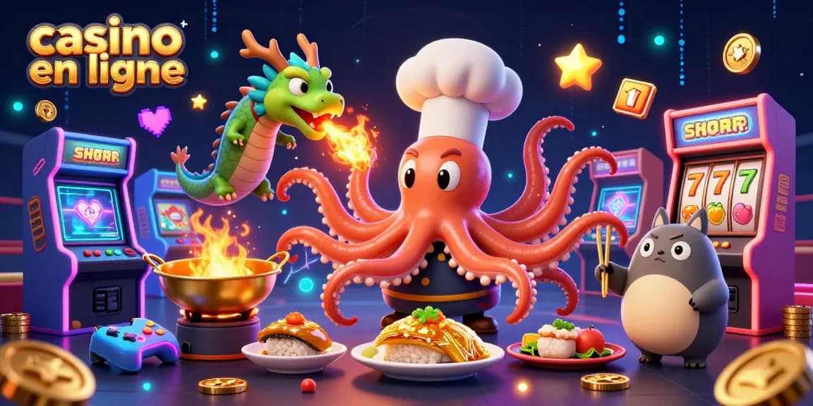 Participez à une expérience vibrante de casino en ligne avec un chef pieuvre, un dragon et un tanuki dans une scène de jeu passionnante.