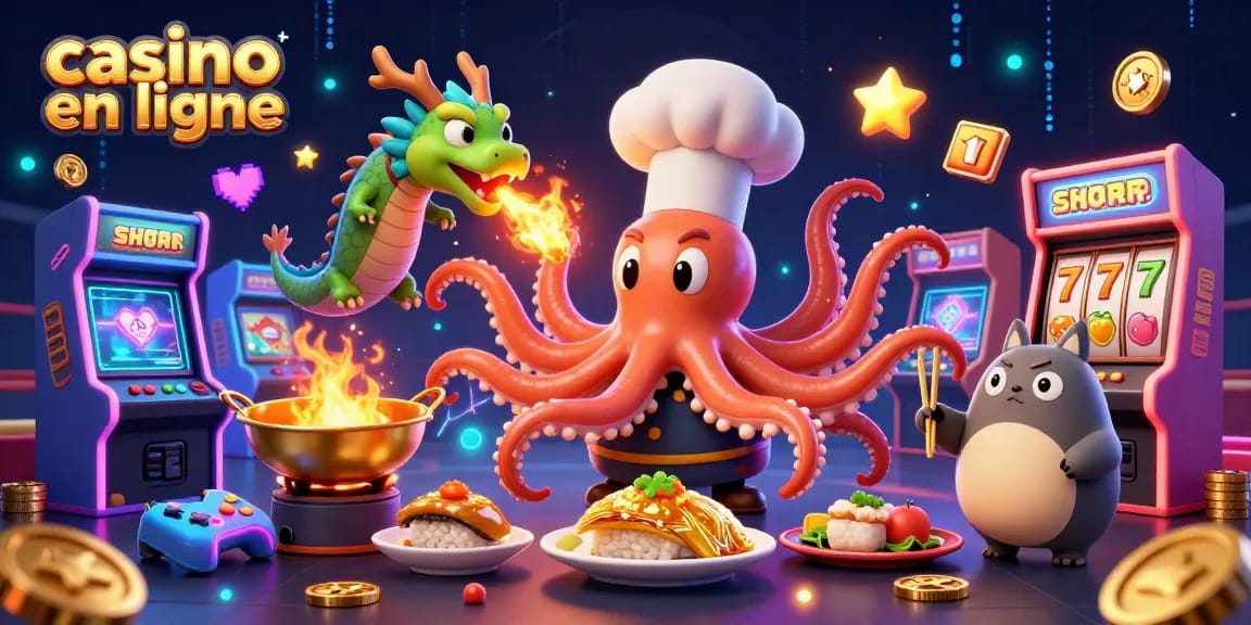 Participez à une expérience vibrante de casino en ligne avec un chef pieuvre, un dragon et un tanuki dans une scène de jeu passionnante.