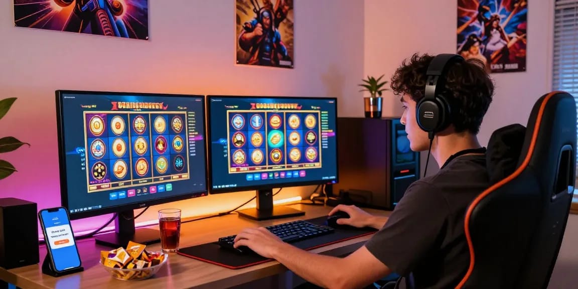 Engaging moment of online gaming featuring deposit pulsa tanpa potongan options displayed on monitors with a cozy atmosphere.