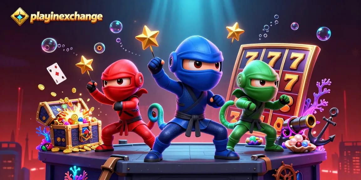 Engage with playinexchange's vibrant gaming world featuring chameleons and cascading treasures.