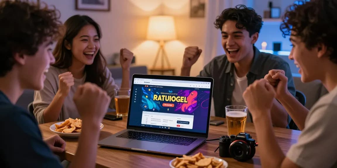 Pengalaman taruhan online dengan ratutogel, sekelompok teman merayakan kemenangan di sekitar laptop.