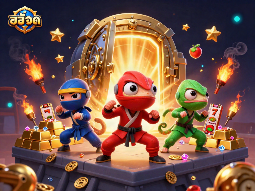 Engage in thrilling สล็อต slots with cartoon ninjas surrounded by treasure and jackpots